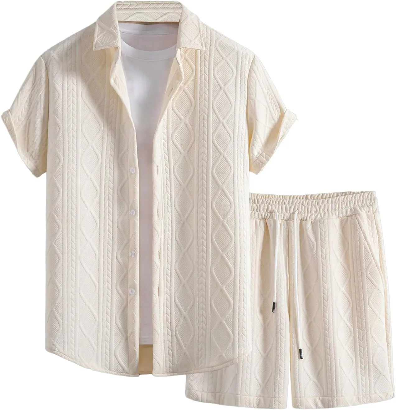 GORGLITTER Men's 2 Piece Outfits Waffle Knit Button Down Shirt Top and Shorts Set