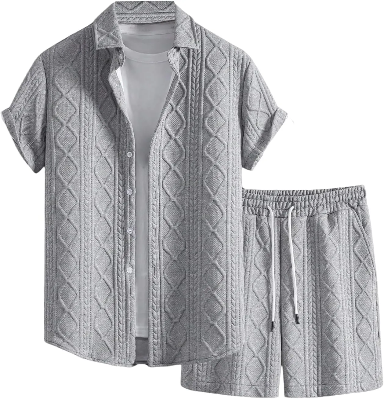 GORGLITTER Men's 2 Piece Outfits Waffle Knit Button Down Shirt Top and Shorts Set