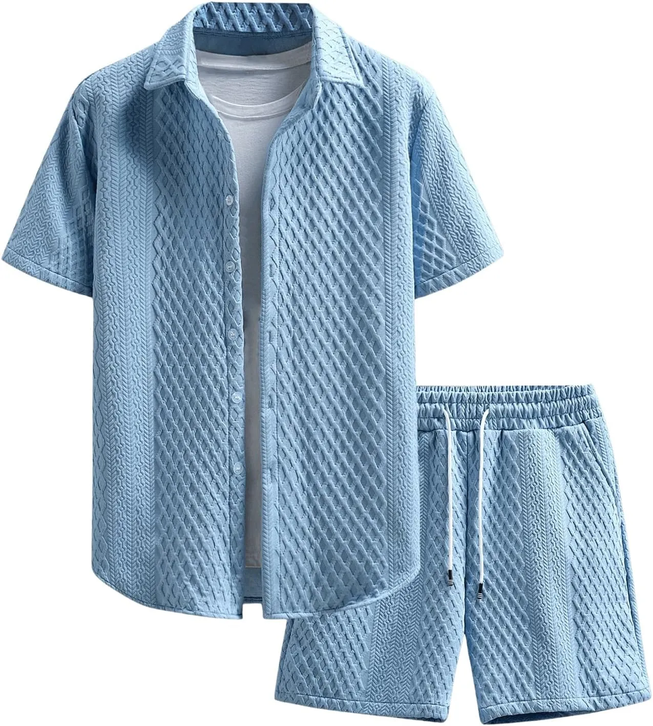 GORGLITTER Men's 2 Piece Outfits Waffle Knit Button Down Shirt Top and Shorts Set