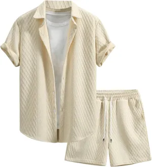GORGLITTER Men's 2 Piece Outfits Waffle Knit Button Down Shirt Top and Shorts Set