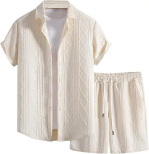 GORGLITTER Men's 2 Piece Outfits Waffle Knit Button Down Shirt Top and Shorts Set