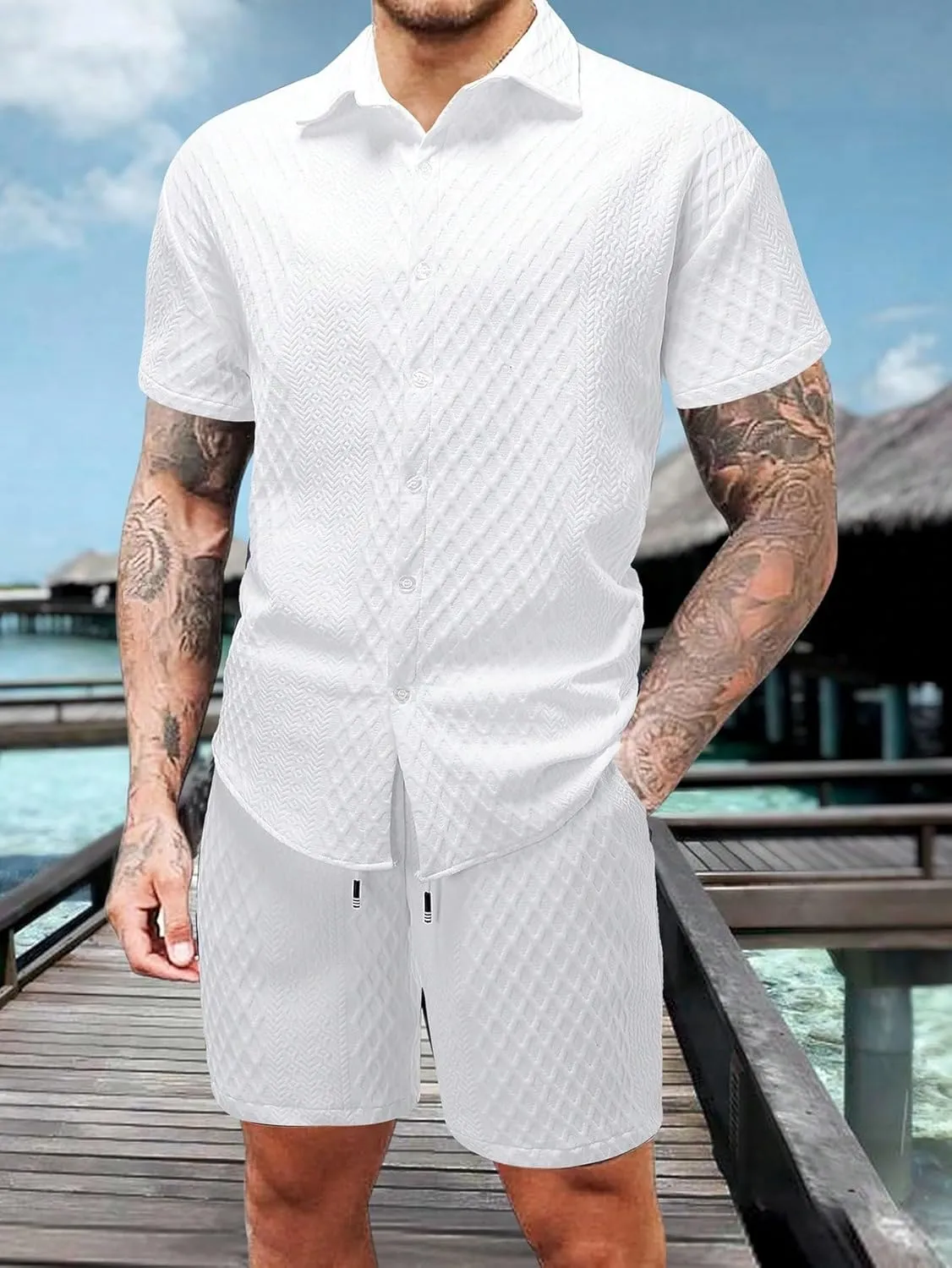 GORGLITTER Men's 2 Piece Outfits Waffle Knit Button Down Shirt Top and Shorts Set