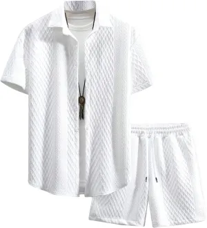 GORGLITTER Men's 2 Piece Outfits Waffle Knit Button Down Shirt Top and Shorts Set