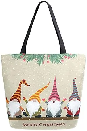 Happy Gnomes Large Canvas Tote Bag Heavy Duty Grocery Bag, Merry Christmas Women Casual Shoulder Bag Pocket Reusable Handbags for Travel Beach School Nursing Gift