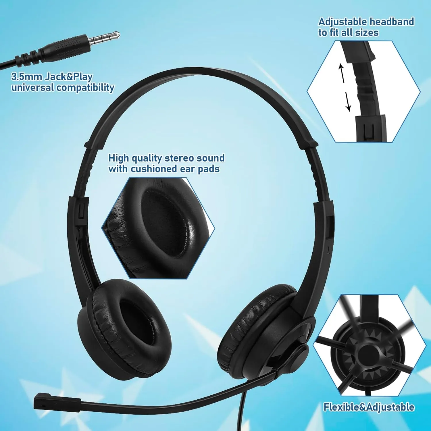 Headsets with Microphone 5 Pack Bulk- Noise Canceling Computer Headphones for School, Office, Meetings, Chat, 3.5mm Wired PC Headphones with Rotating Mic Works for Laptop