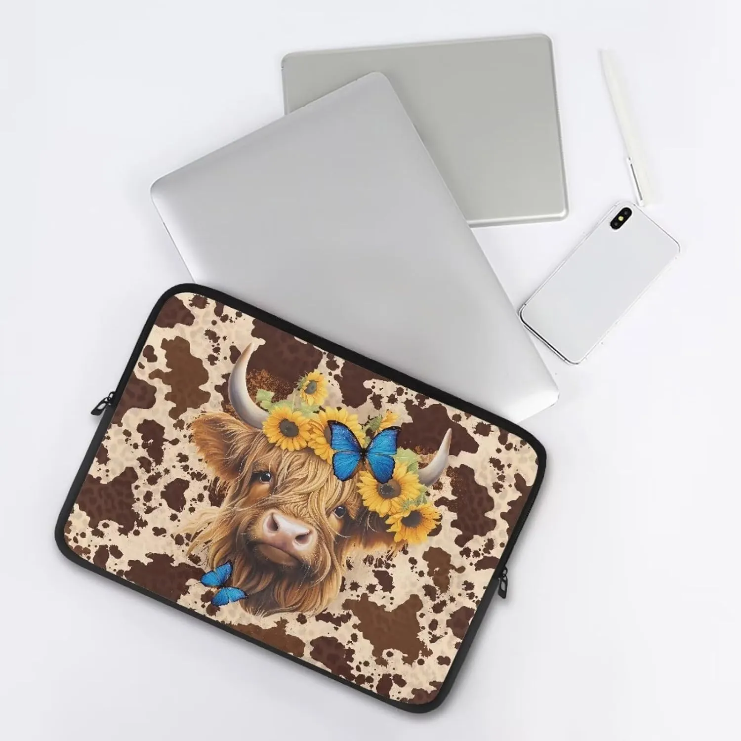 Highland Cattle Sunflower Butterfly Brown Cow Print Computer Bag Laptop Sleeve Laptop Carrying Cases & Sleeves Pouches