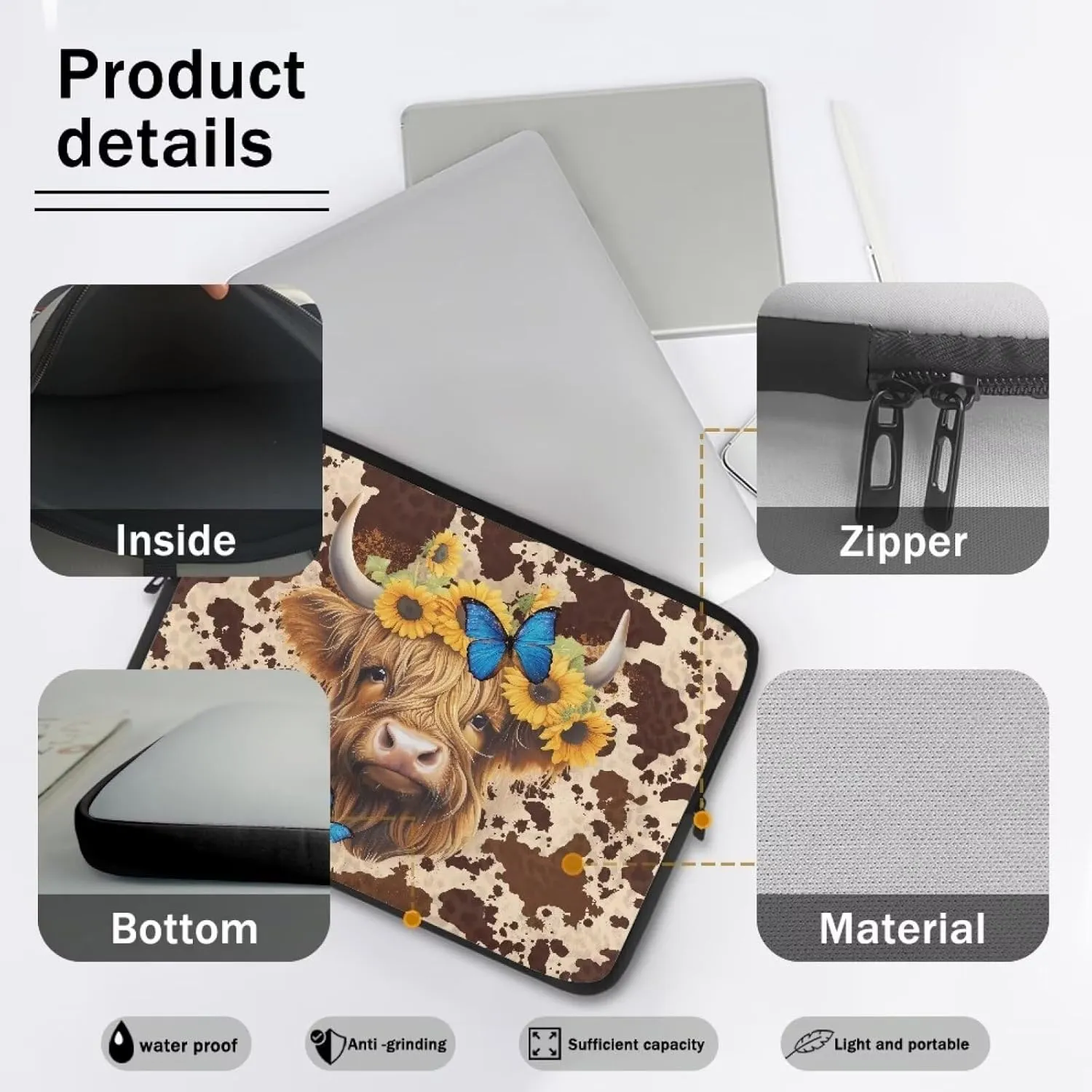 Highland Cattle Sunflower Butterfly Brown Cow Print Computer Bag Laptop Sleeve Laptop Carrying Cases & Sleeves Pouches