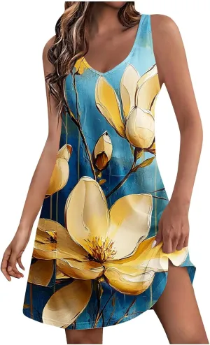 hlysgo Vacation Dresses for Women 2025 Summer Sleeveless V Neck Mini Dress A-Line Flowy Beach Coverup Sundress with Pockets