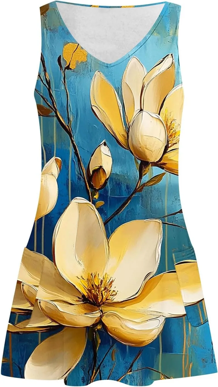 hlysgo Vacation Dresses for Women 2025 Summer Sleeveless V Neck Mini Dress A-Line Flowy Beach Coverup Sundress with Pockets