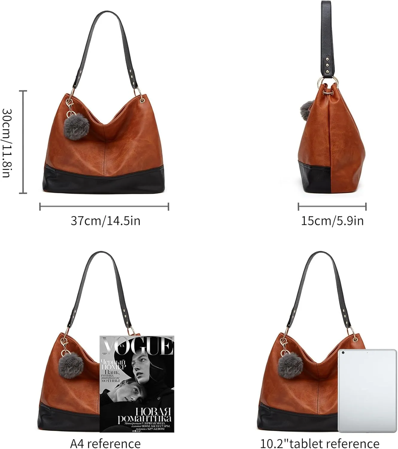 Hobo Bag for Women Leather Top Handle Shoulder Bags Large Purses and Handbags with Cute Pendant (Black)