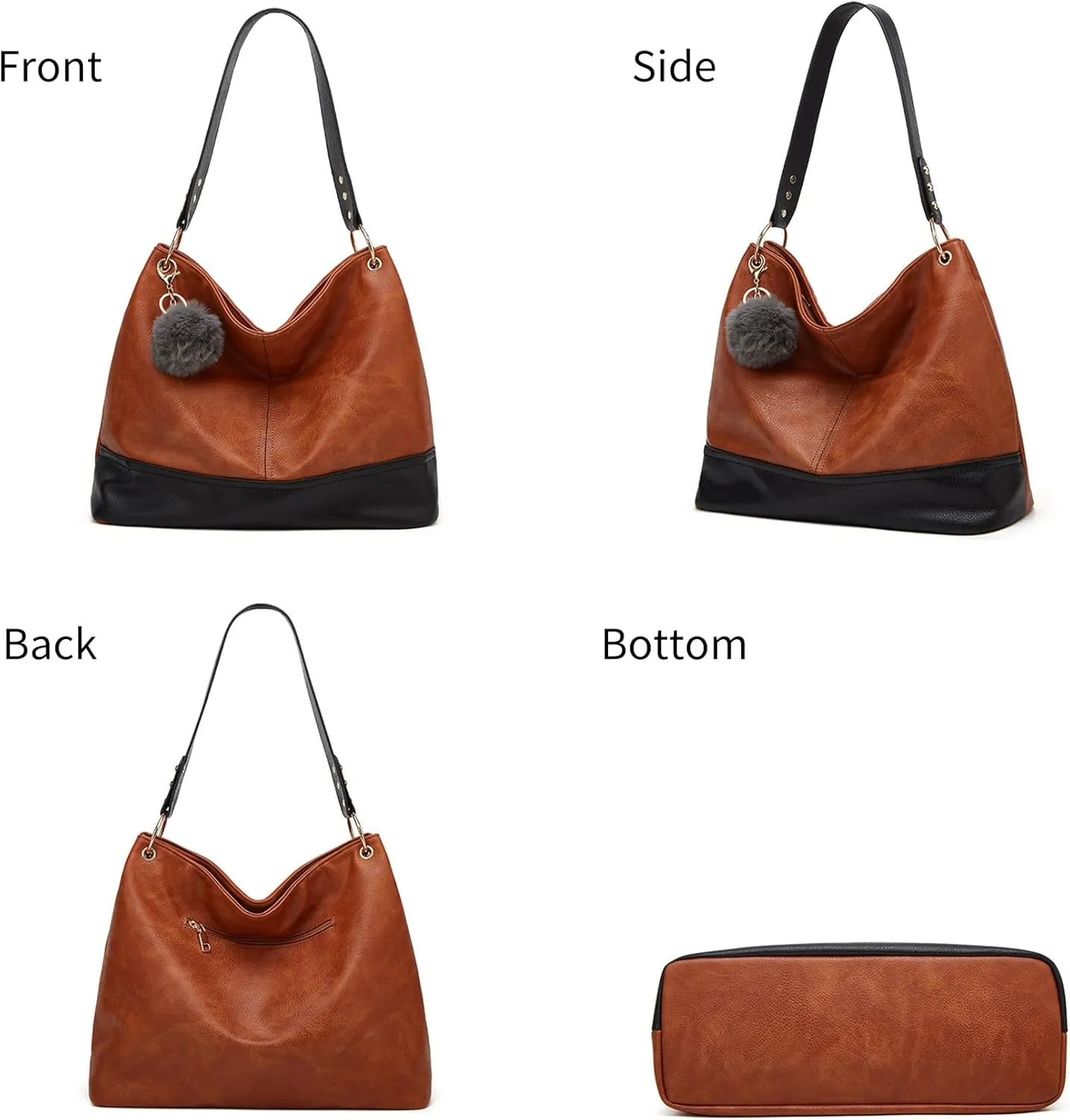 Hobo Bag for Women Leather Top Handle Shoulder Bags Large Purses and Handbags with Cute Pendant (Black)
