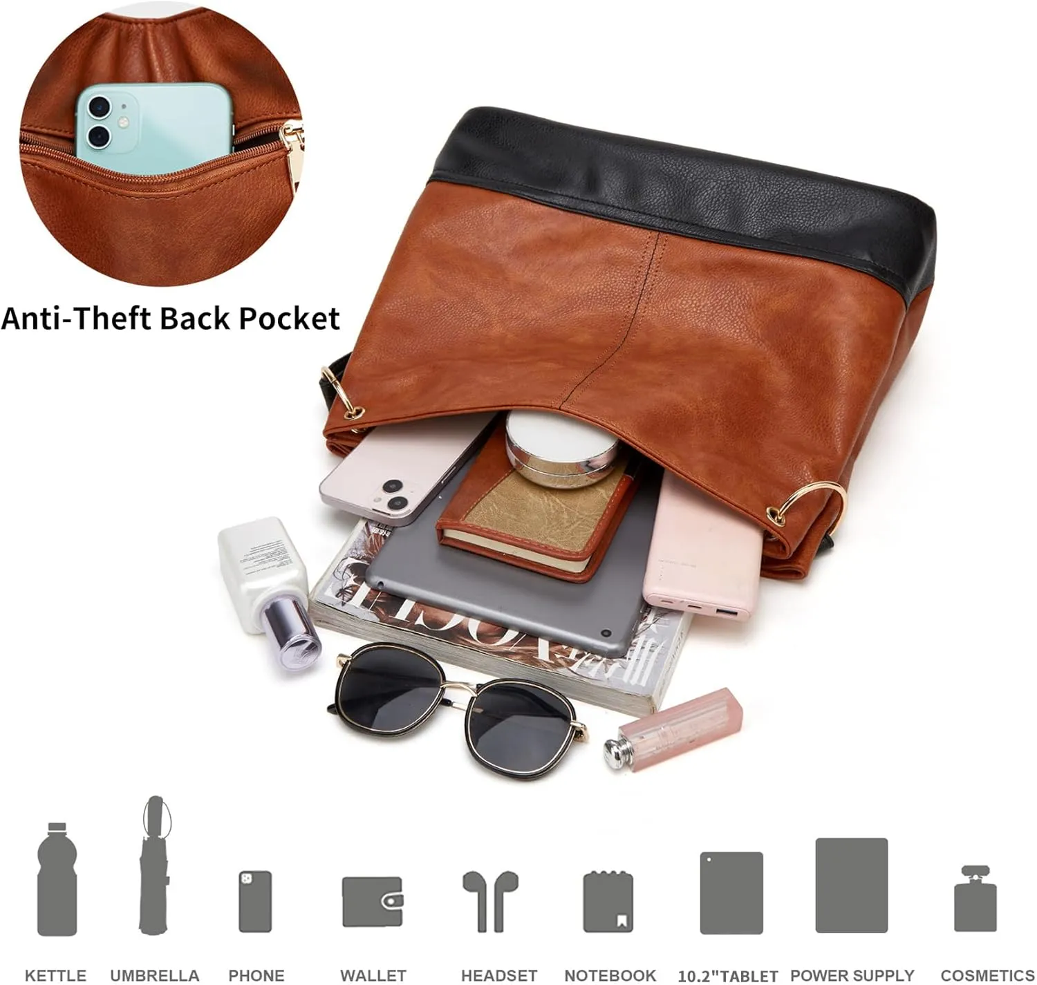 Hobo Bag for Women Leather Top Handle Shoulder Bags Large Purses and Handbags with Cute Pendant (Black)