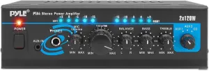 Home Audio Power Amplifier System - 2X120W Mini Dual Channel Mixer Sound Stereo Receiver Box w/ RCA, AUX, Mic Input - For Amplified Speakers, PA, CD Player, Theater, Studio Use - Pyle PTA4 Black