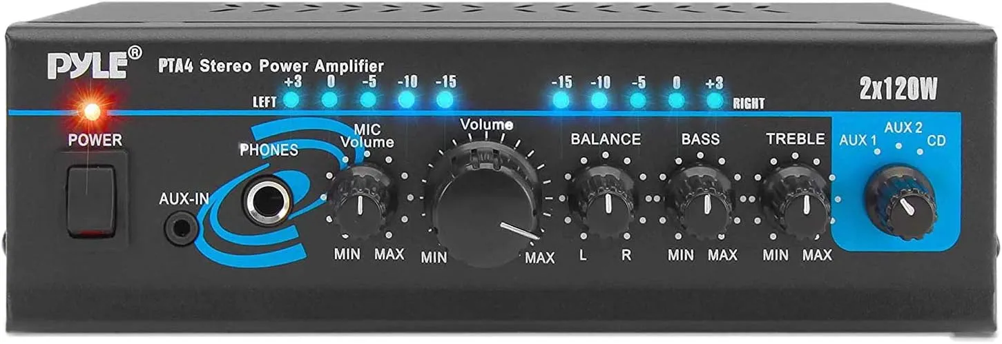 Home Audio Power Amplifier System - 2X120W Mini Dual Channel Mixer Sound Stereo Receiver Box w/ RCA, AUX, Mic Input - For Amplified Speakers, PA, CD Player, Theater, Studio Use - Pyle PTA4 Black