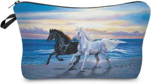 Horse Makeup Bag Cute Small Organizer Zipper Pouch Oil Painting Seascape Steed Cosmetic Bag Present for Horse Lovers Woman