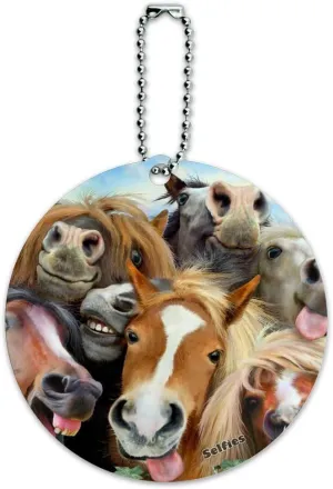 Horses Selfie Round Luggage ID Tag Card Suitcase Carry-On
