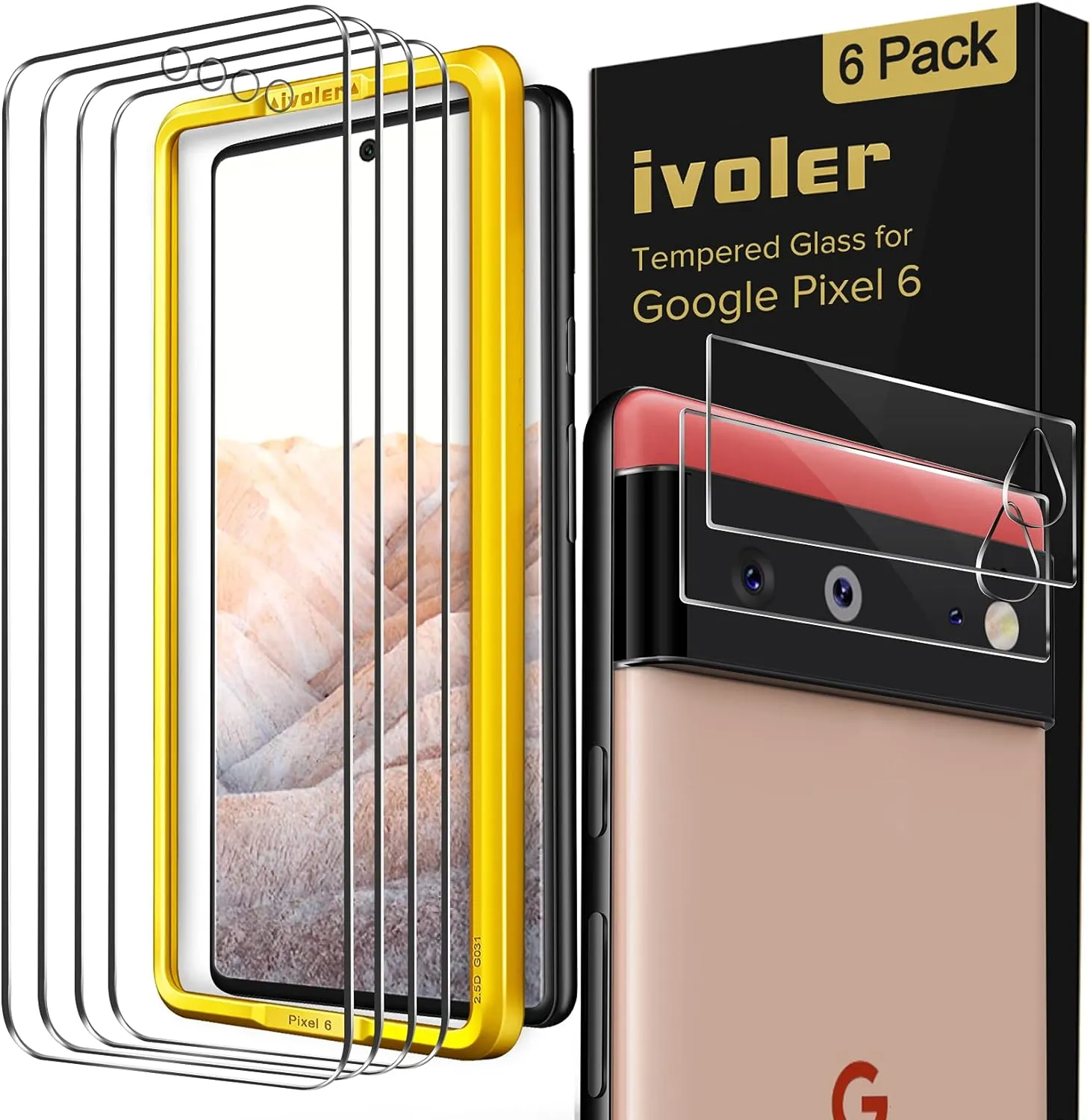 ivoler [4 2 Pack Screen Protector for Google Pixel 6 [4 Pack] with Camera Lens Protector Tempered Glass [2 Pack] [Fingerprint Unlock Compatible] with Alignment Frame Easy Installation HD Clear Film