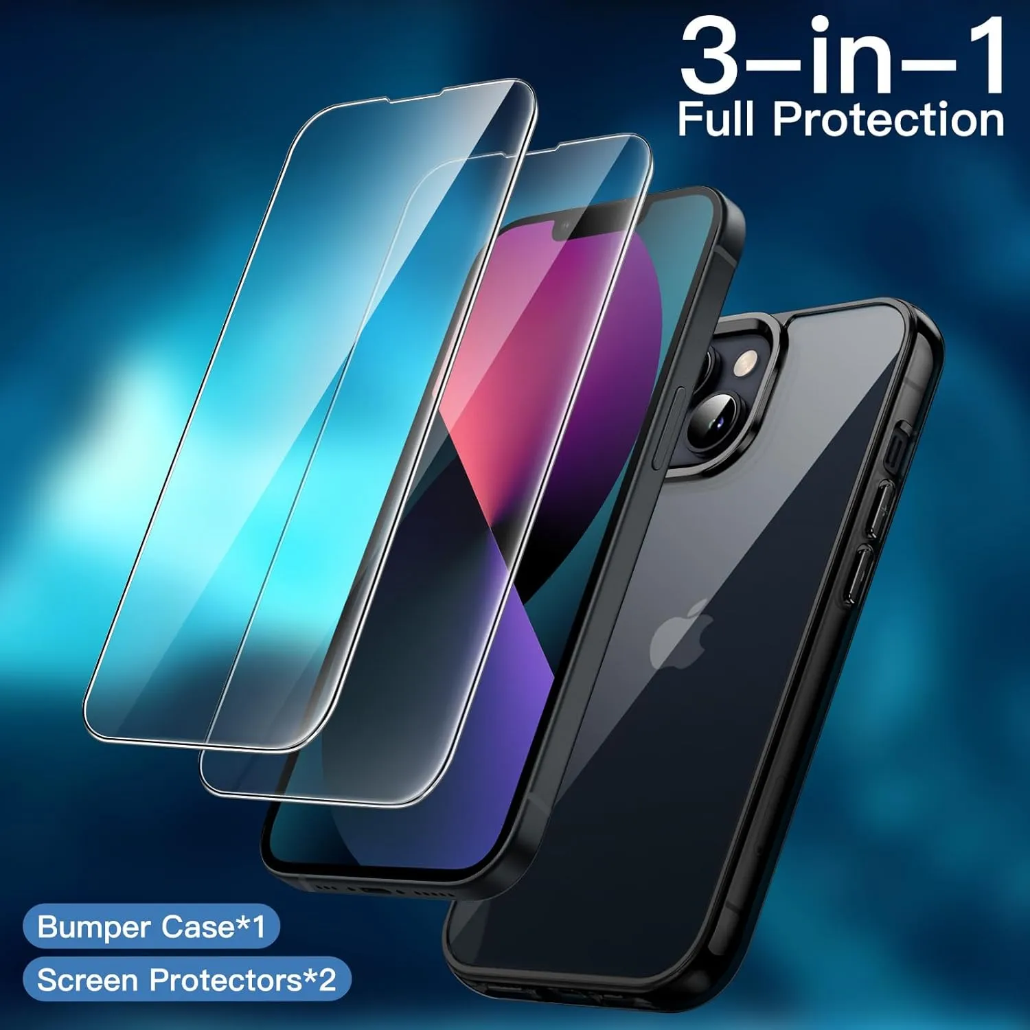JETech 3 in 1 Case for iPhone 13 mini 5.4-Inch with 2 Pack Tempered Glass Screen Protectors, Non-Yellowing Shockproof Bumper Phone Cover (Black)