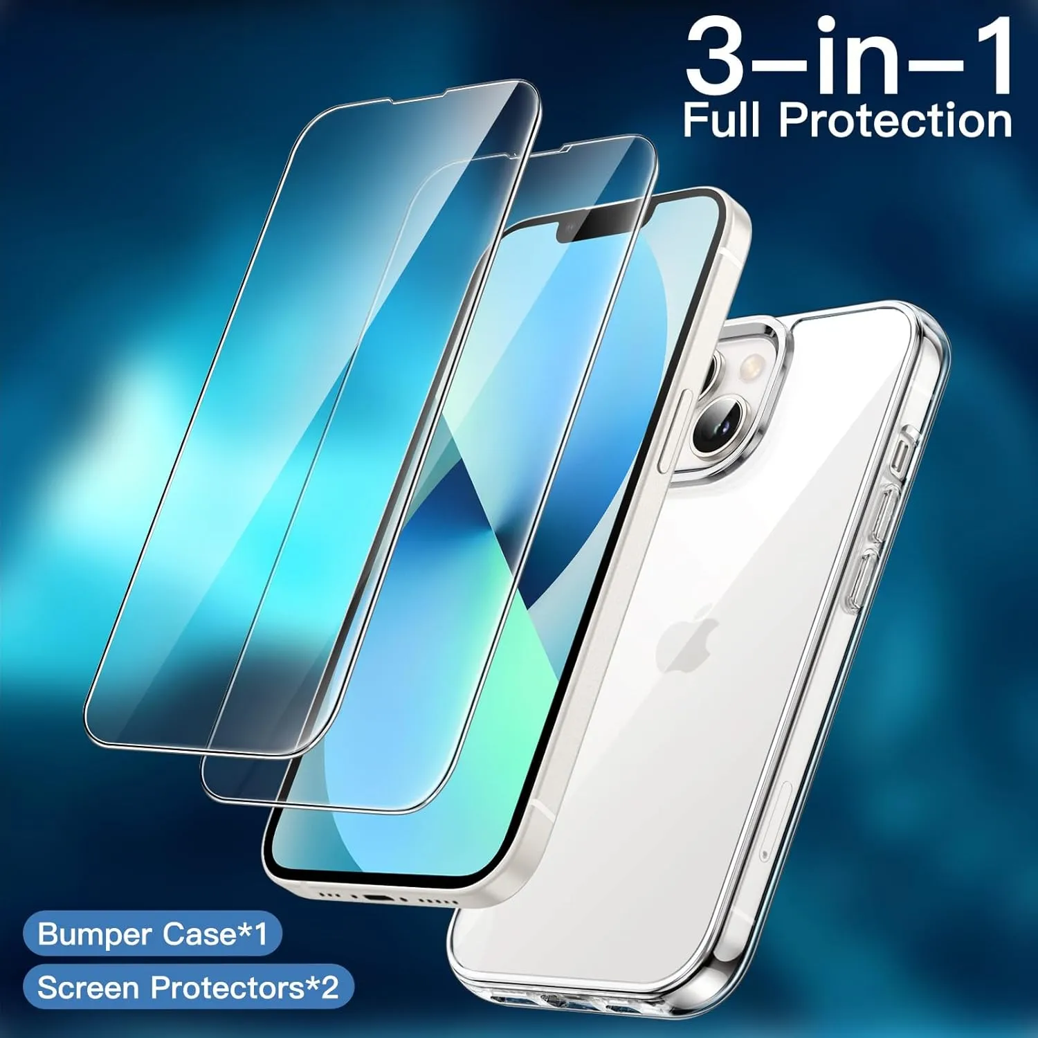 JETech 3 in 1 Case for iPhone 13 mini 5.4-Inch with 2 Pack Tempered Glass Screen Protectors, Non-Yellowing Shockproof Bumper Phone Cover (Clear)