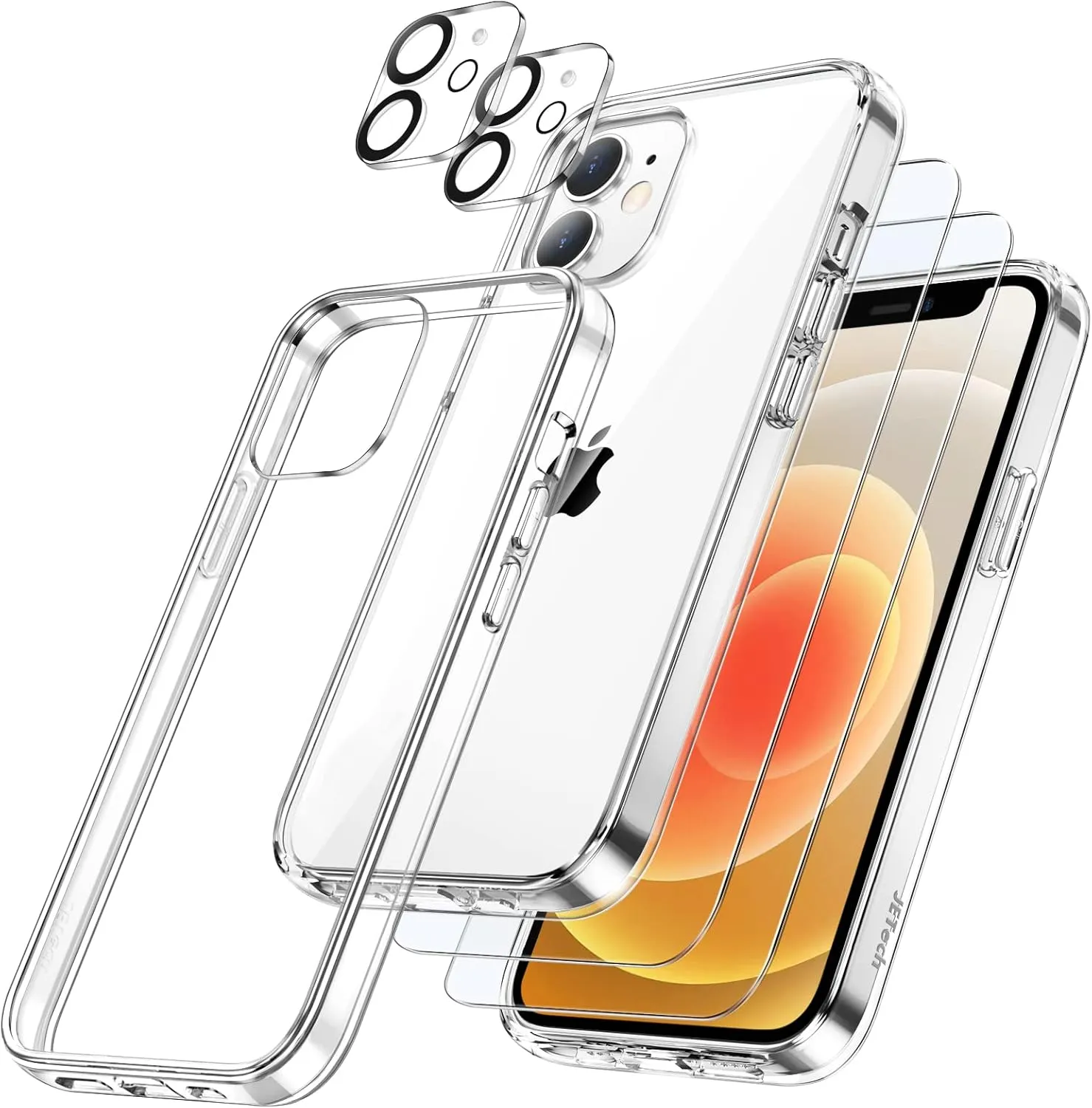JETech 5 in 1 Case for iPhone 12 6.1-Inch, with 2-Pack Screen Protector and Camera Lens Protector, Non-Yellowing Shockproof Bumper Phone Cover, Full Coverage Tempered Glass Film (Clear)
