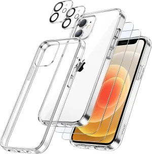 JETech 5 in 1 Case for iPhone 12 6.1-Inch, with 2-Pack Screen Protector and Camera Lens Protector, Non-Yellowing Shockproof Bumper Phone Cover, Full Coverage Tempered Glass Film (Clear)