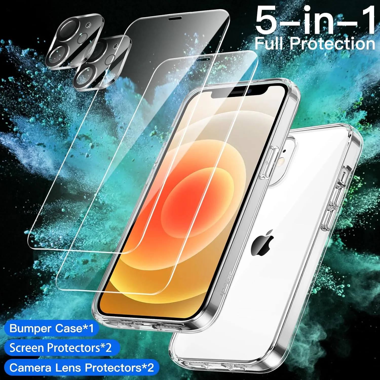 JETech 5 in 1 Case for iPhone 12 6.1-Inch, with 2-Pack Screen Protector and Camera Lens Protector, Non-Yellowing Shockproof Bumper Phone Cover, Full Coverage Tempered Glass Film (Clear)