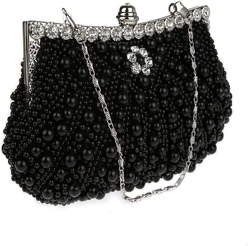JIAN YA NA Womens Elegant Faux Pearl Evening Bag Diamante Rhinestone Evening Clutch Bag Purse Party Wedding Prom