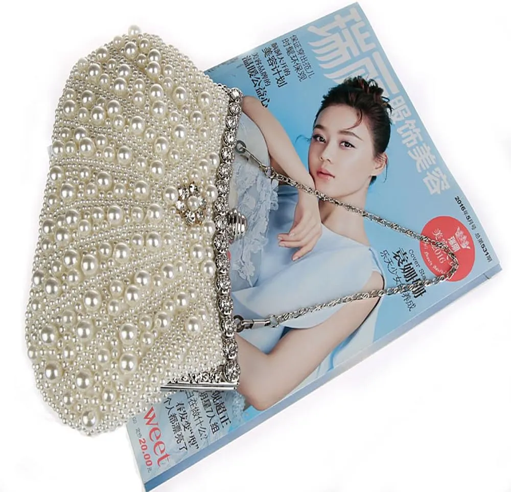 JIAN YA NA Womens Elegant Faux Pearl Evening Bag Diamante Rhinestone Evening Clutch Bag Purse Party Wedding Prom