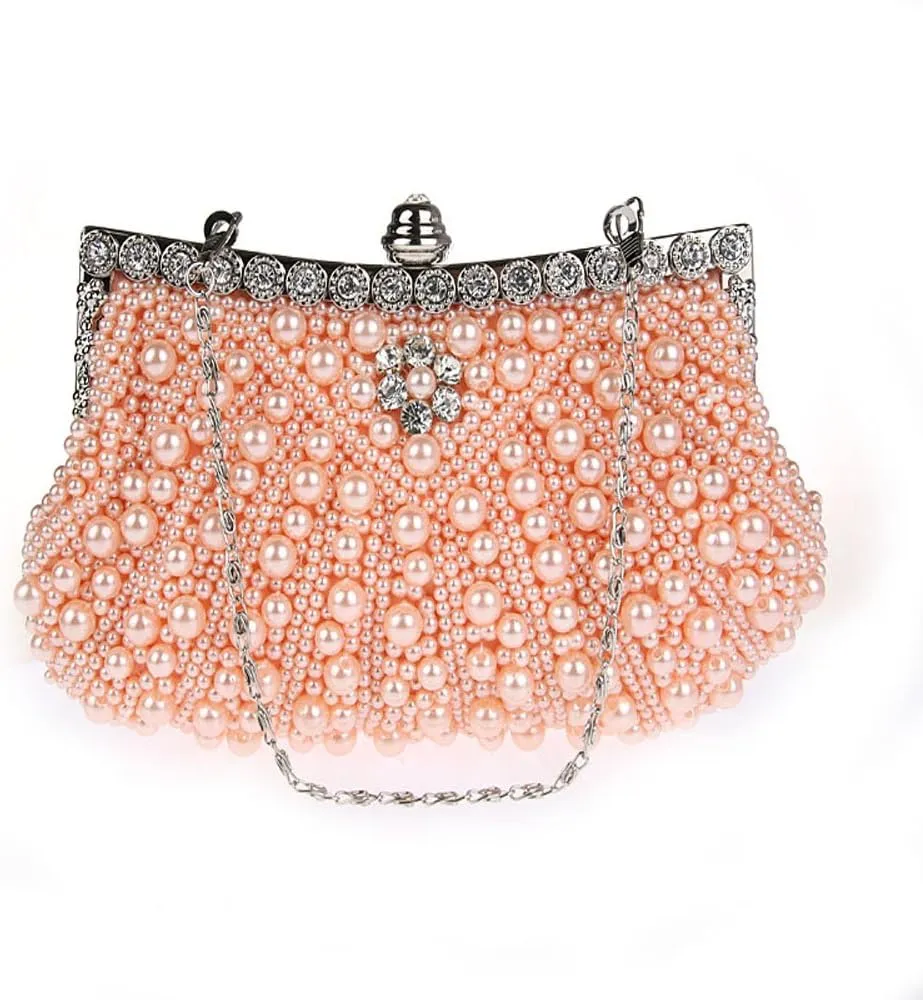 JIAN YA NA Womens Elegant Faux Pearl Evening Bag Diamante Rhinestone Evening Clutch Bag Purse Party Wedding Prom