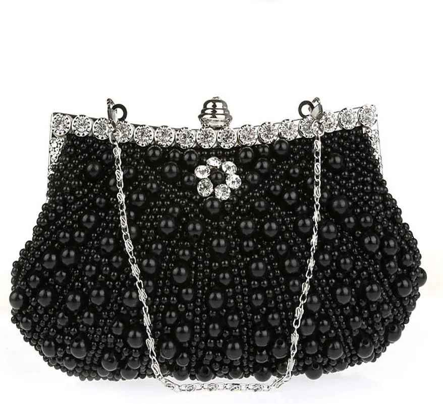 JIAN YA NA Womens Elegant Faux Pearl Evening Bag Diamante Rhinestone Evening Clutch Bag Purse Party Wedding Prom