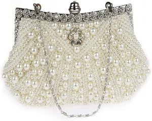 JIAN YA NA Womens Elegant Faux Pearl Evening Bag Diamante Rhinestone Evening Clutch Bag Purse Party Wedding Prom