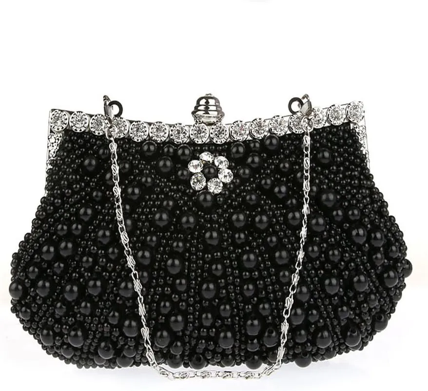 JIAN YA NA Womens Elegant Faux Pearl Evening Bag Diamante Rhinestone Evening Clutch Bag Purse Party Wedding Prom