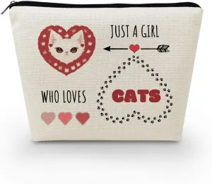 Just Love Cats Makeup Bag Cartoon Heart Cat Pattern Canvas Organizer Zipper Pouch Cute Cartoon Kitten Kitty Cosmetic Bag Birthday Present for Cat Lovers Cat Mom Women