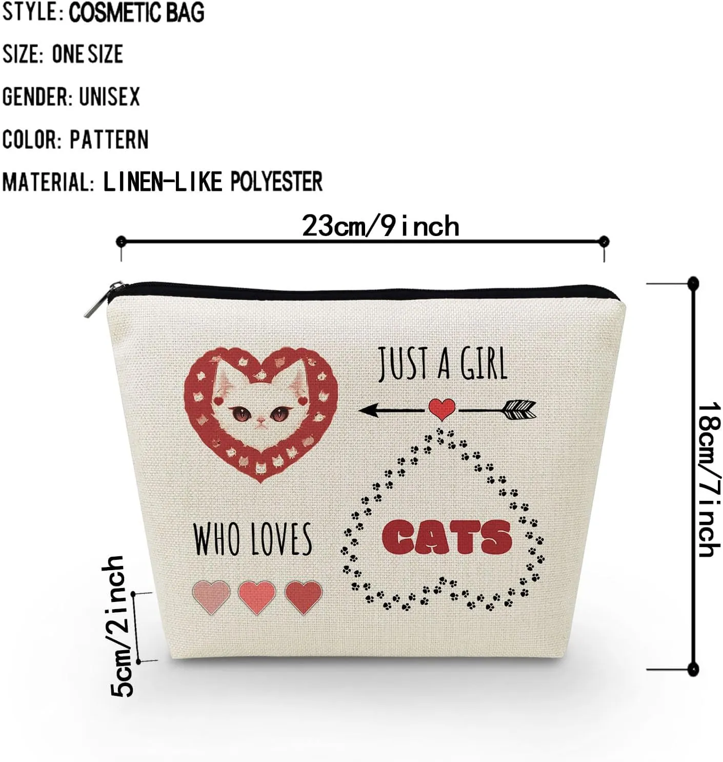 Just Love Cats Makeup Bag Cartoon Heart Cat Pattern Canvas Organizer Zipper Pouch Cute Cartoon Kitten Kitty Cosmetic Bag Birthday Present for Cat Lovers Cat Mom Women