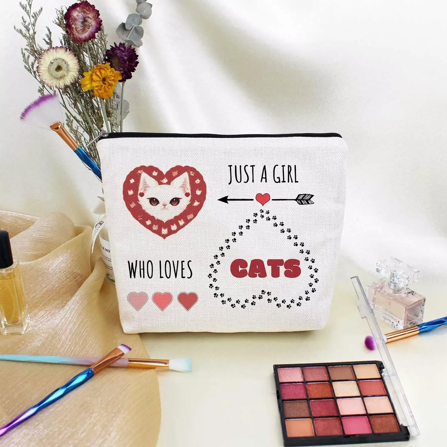 Just Love Cats Makeup Bag Cartoon Heart Cat Pattern Canvas Organizer Zipper Pouch Cute Cartoon Kitten Kitty Cosmetic Bag Birthday Present for Cat Lovers Cat Mom Women