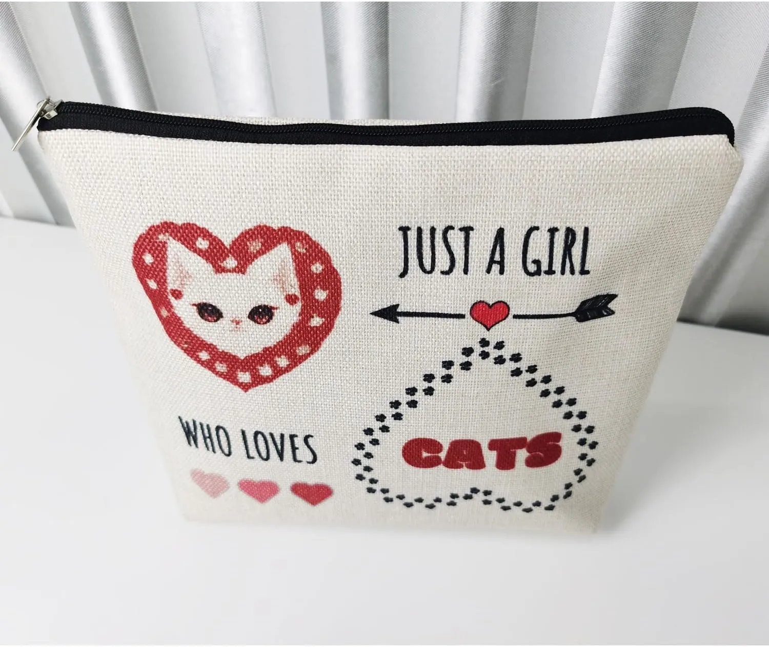 Just Love Cats Makeup Bag Cartoon Heart Cat Pattern Canvas Organizer Zipper Pouch Cute Cartoon Kitten Kitty Cosmetic Bag Birthday Present for Cat Lovers Cat Mom Women