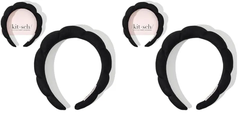 Kitsch Puffy Black Headband for Washing Face - Skincare Headband for Women - Face Wash Headband for Girls - Recycled Fabric - Eco-friendly Makeup Headband - Spa Headband - Self Care Gifts for Women