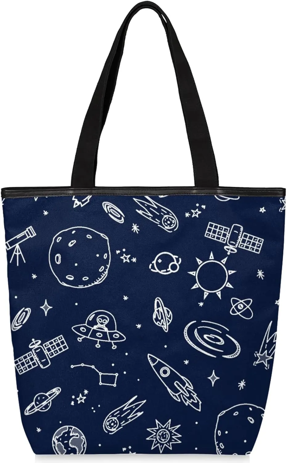 KOBLEN Space Universe Canvas Tote Bag Reusable Grocery Shopping Bags for Women Beach Travel Storage Handbag with Zipper Portable Shoulder Bag