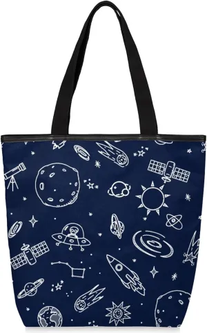 KOBLEN Space Universe Canvas Tote Bag Reusable Grocery Shopping Bags for Women Beach Travel Storage Handbag with Zipper Portable Shoulder Bag