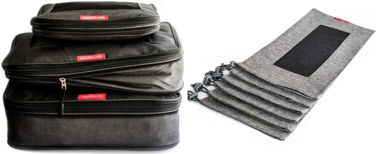 LeanTravel Bundle Compression Packing Cubes Set of 3 Color Black   Shoe bags for Travel Set of 6 - Color Grey