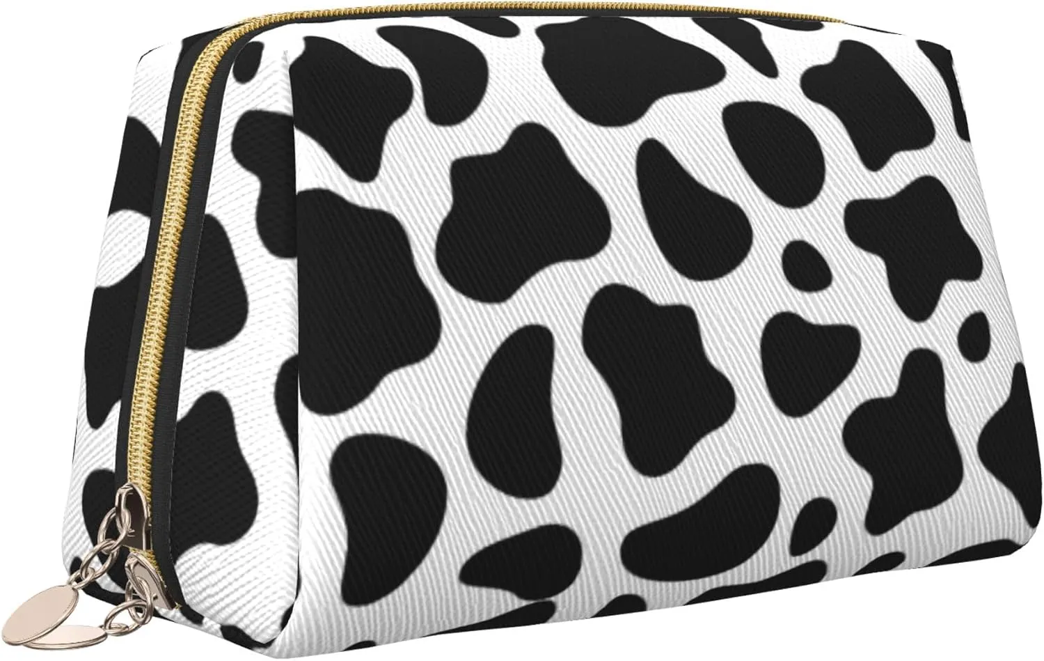 Leather Makeup Bags Zipper Pouch Toiletry Bag Travel Cosmetic Organizer For Women (Cow Print, Large)