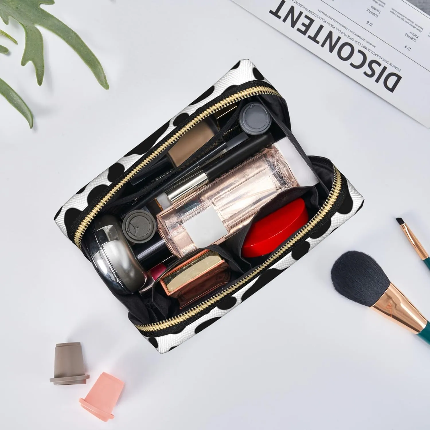 Leather Makeup Bags Zipper Pouch Toiletry Bag Travel Cosmetic Organizer For Women (Cow Print, Large)
