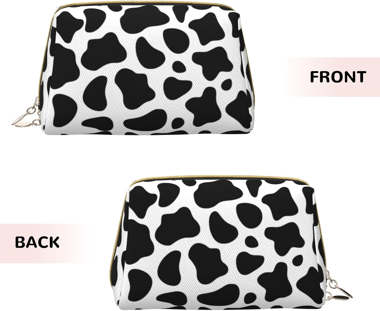 Leather Makeup Bags Zipper Pouch Toiletry Bag Travel Cosmetic Organizer For Women (Cow Print, Large)