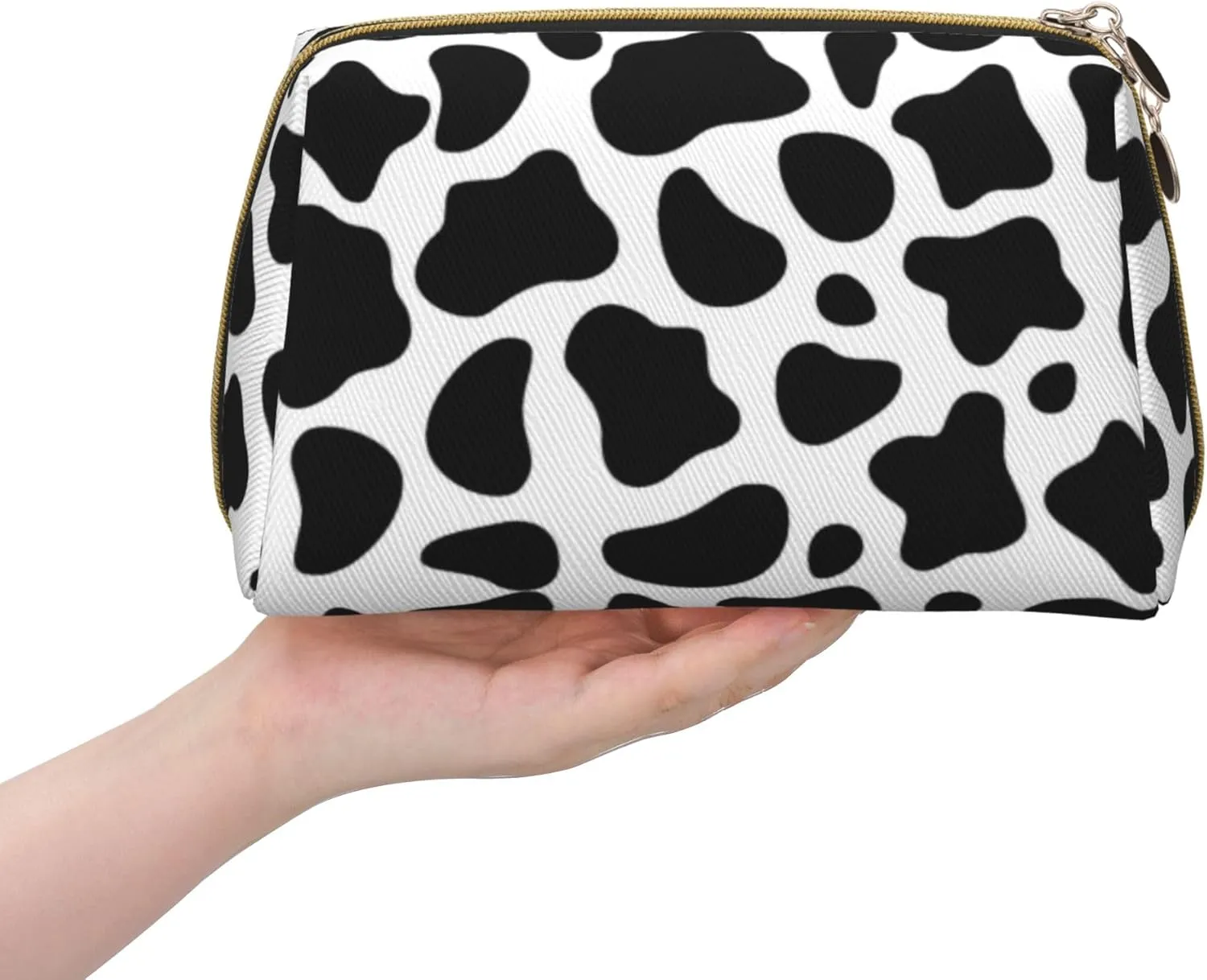 Leather Makeup Bags Zipper Pouch Toiletry Bag Travel Cosmetic Organizer For Women (Cow Print, Large)
