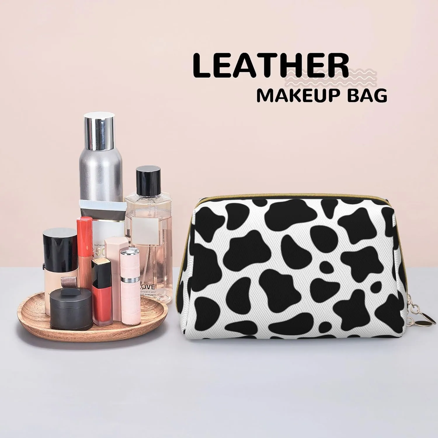 Leather Makeup Bags Zipper Pouch Toiletry Bag Travel Cosmetic Organizer For Women (Cow Print, Large)