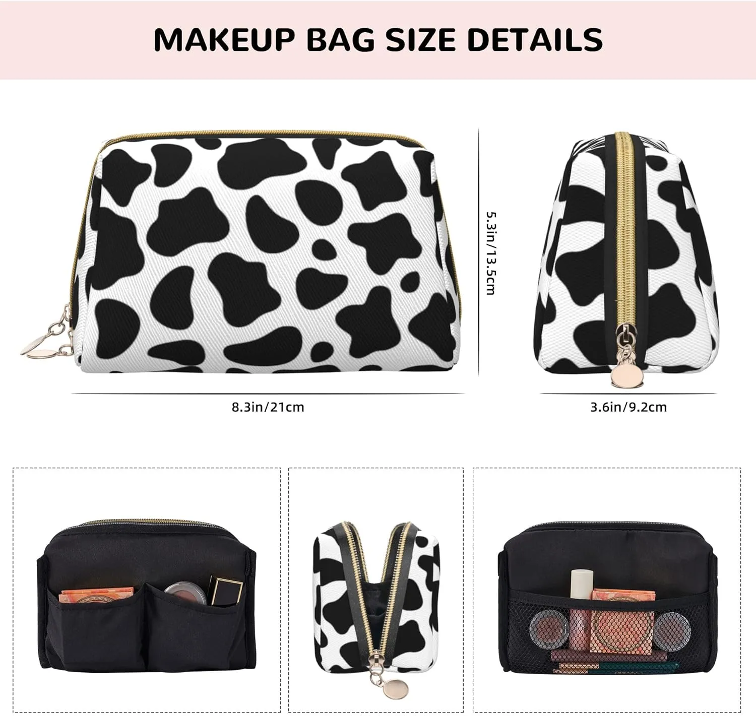 Leather Makeup Bags Zipper Pouch Toiletry Bag Travel Cosmetic Organizer For Women (Cow Print, Large)