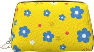 Leather Makeup Bags Zipper Pouch Toiletry Bag Travel Cosmetic Organizer For Women (Yellow, Large)