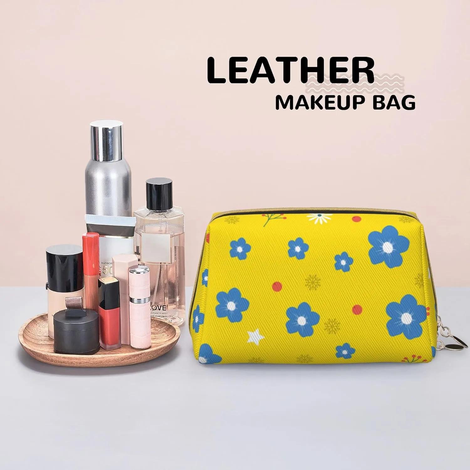 Leather Makeup Bags Zipper Pouch Toiletry Bag Travel Cosmetic Organizer For Women (Yellow, Large)