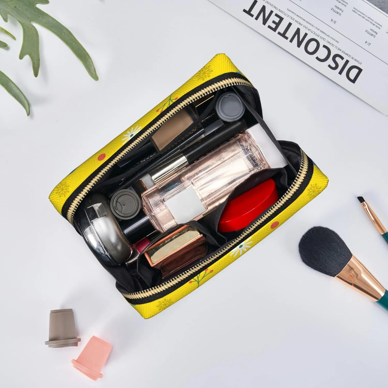 Leather Makeup Bags Zipper Pouch Toiletry Bag Travel Cosmetic Organizer For Women (Yellow, Large)