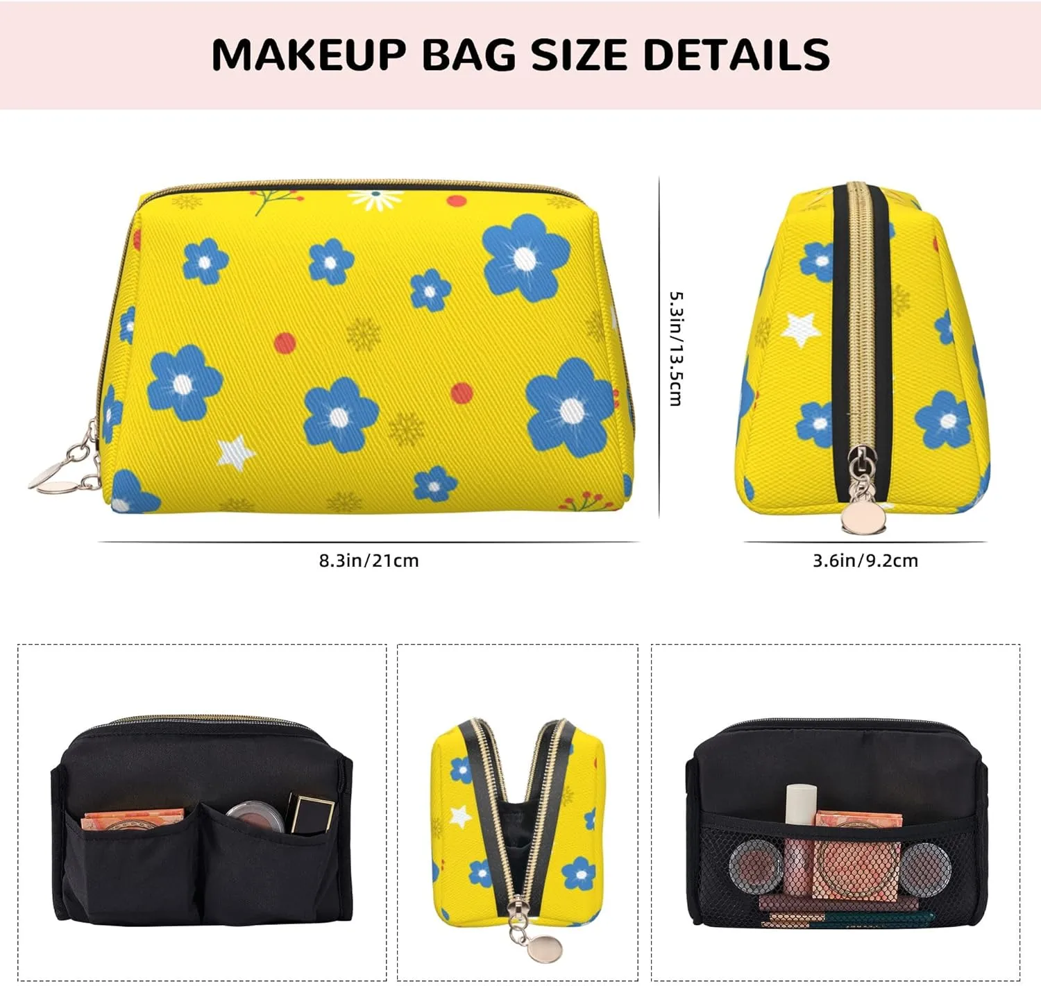 Leather Makeup Bags Zipper Pouch Toiletry Bag Travel Cosmetic Organizer For Women (Yellow, Large)